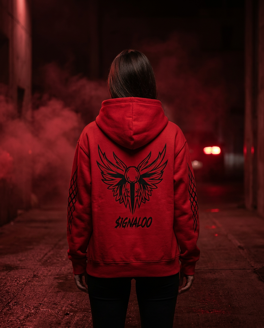 Female model wearing the Red Signal hoodie, winged SIGNAL00 back artwork