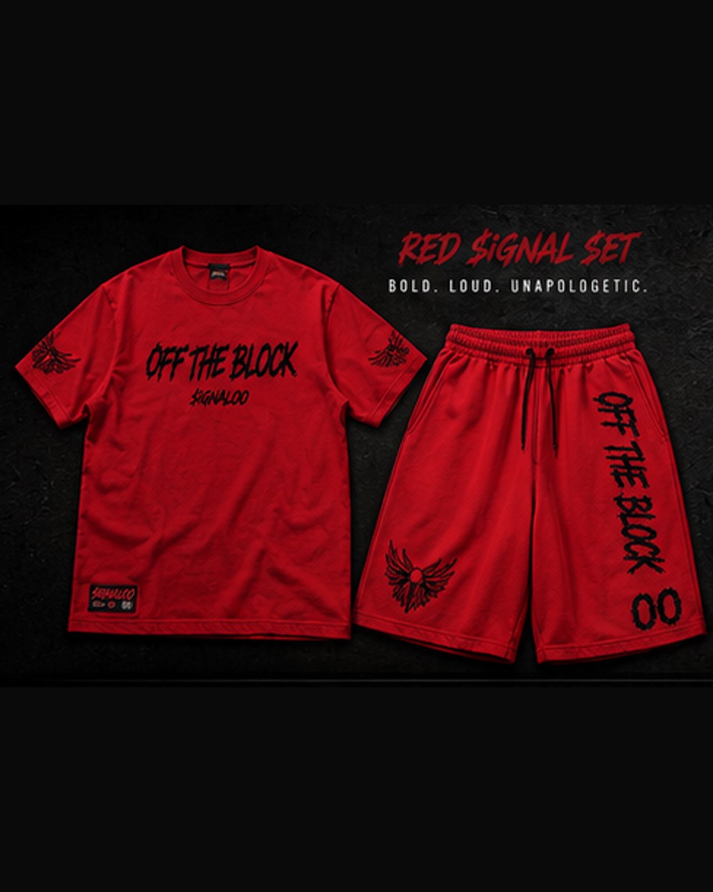RED SIGNAL SET (TEE + SHORTS) from the SIGNAL 00 Off the Block collection